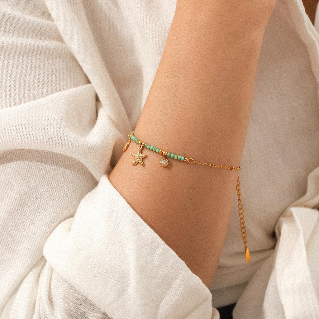 Shell and Starfish Beaded Natural Stone Bracelet, Ocean Resort Style Jewelry, Titanium Steel Bracelet