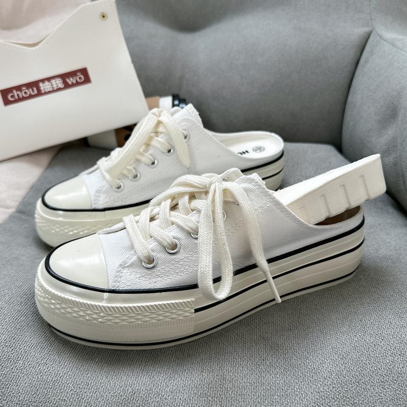 

2025 летние парусиновые туфли без каблука на платформе 4 см для женщин с одной ногой ленивые японские нишевые полутачные белые туфли для женщин 40 белый