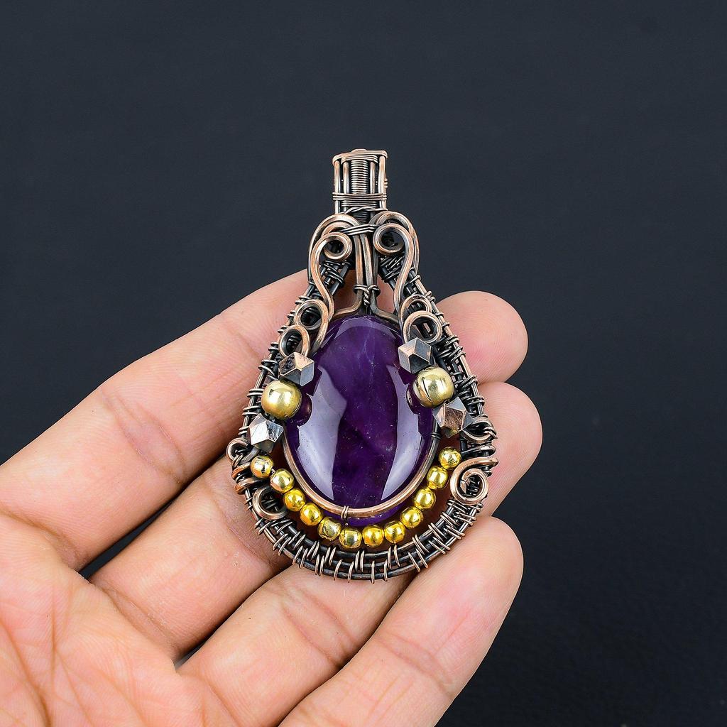 Ametystový přívěsek Drahokam Šperky, Přívěsek omotaný měděným drátem 999, Dárek pro ženy Ručně vyrobený přívěsek