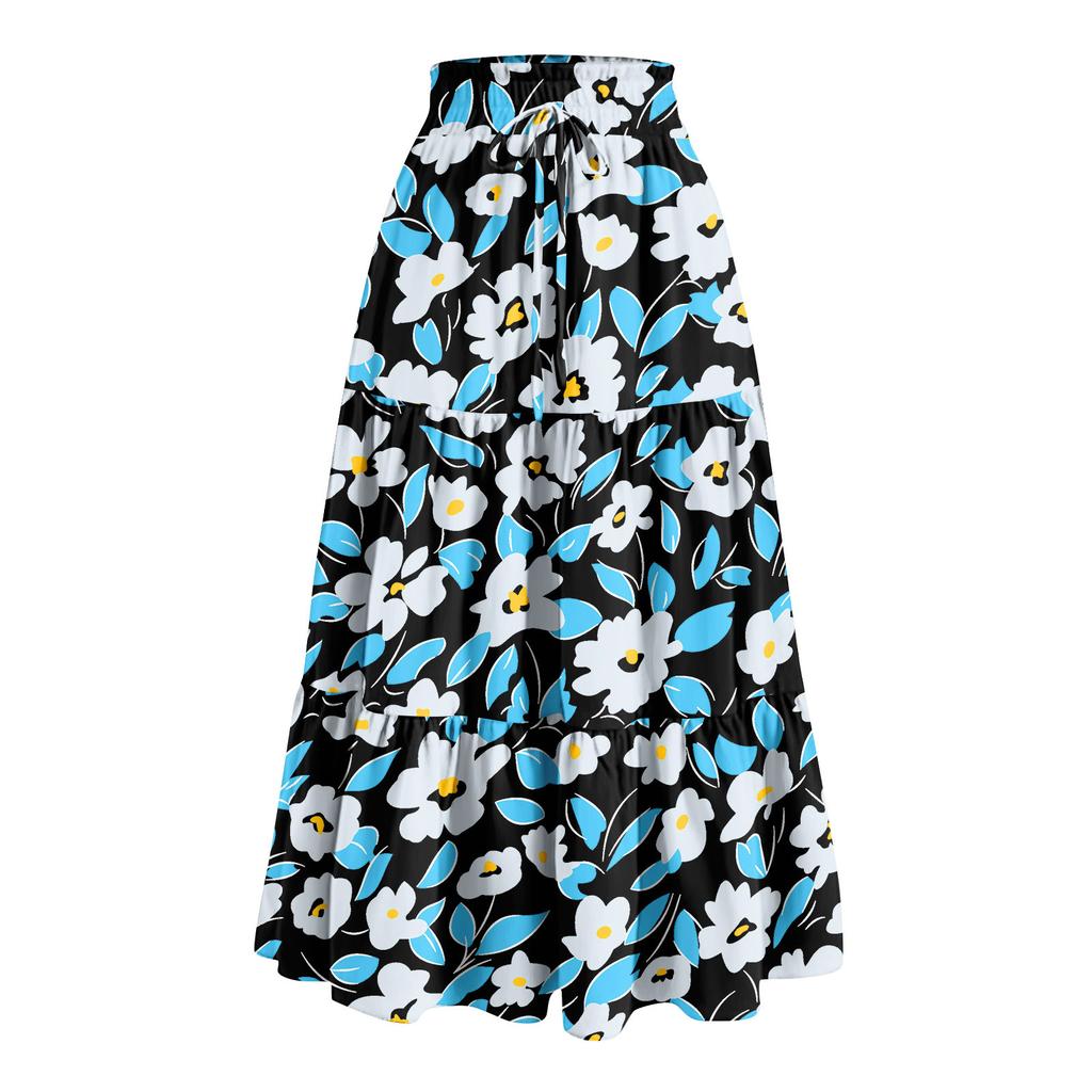Women's Ruffled Spring Casual Long Skirt Plain Color Skirt Retro Pleated Skirt