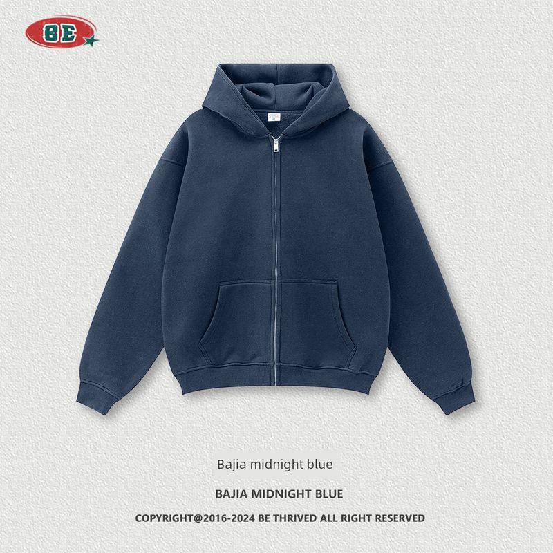 American Street Pure Color Loose Velvet Padded Hooded Sweatshirt Men and Women 2024 Autumn and Winter Fashion Brand Knitting Sports Zipper Outwear