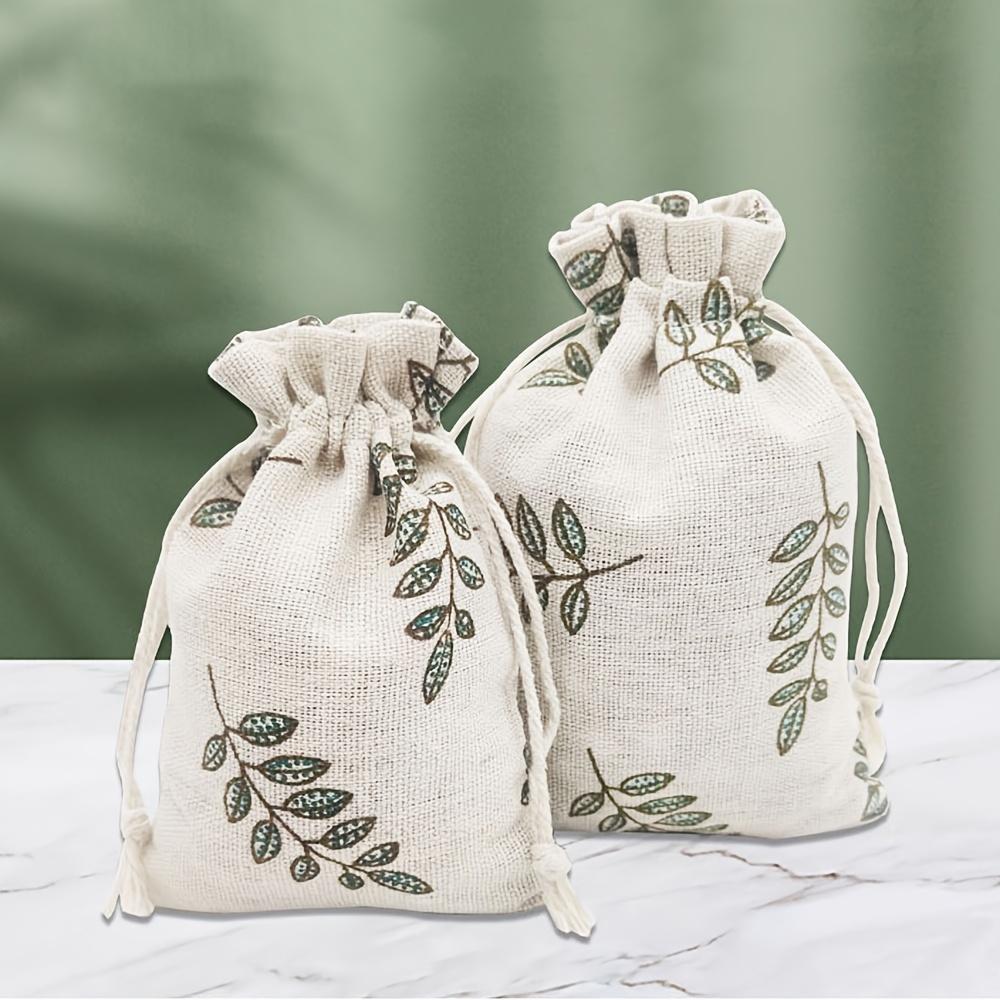 1pcs Leaf Printed Linen Bag Drawstring Gift Bag, Jewelry Packaging Bag Wedding Party Gift Bunch Bag, Birthday Party Gift Bag