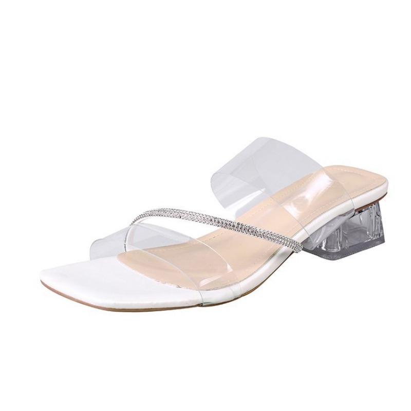 Women's square head thick heel cool slippers women's new one-word with fine diamond beach shoes sexy high-heeled slippers
