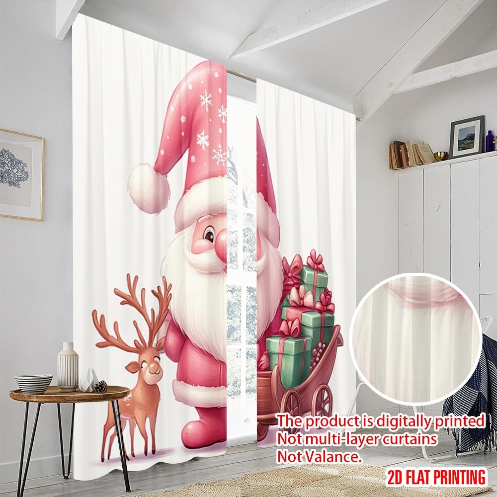 2pcs,2D Plane Printing Contemporary Curtains Cute Pink Gnome Reindeer Sleigh Gifts Durable Polyester (without Rod) Home Decor