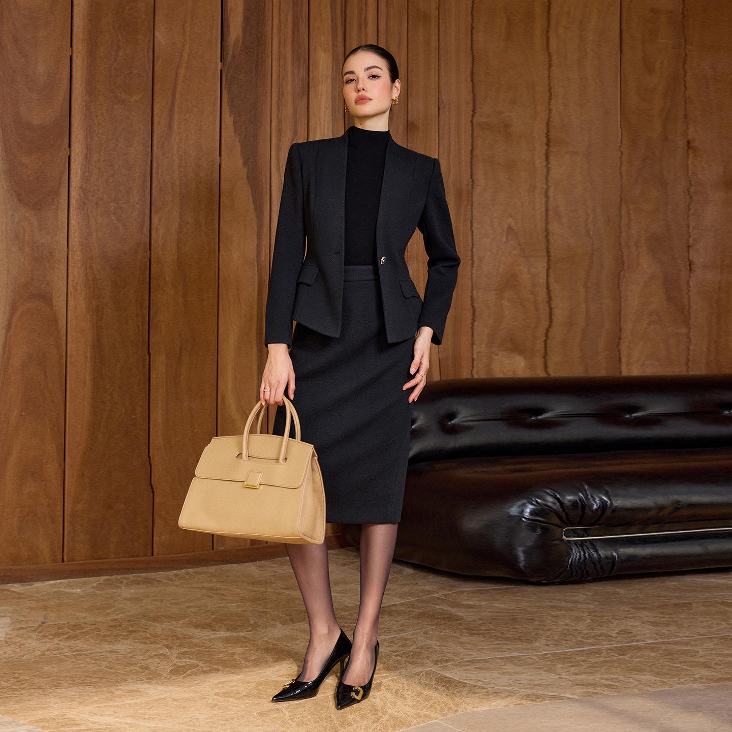 Женский костюм-юбка 2025 года из черной шерсти в елочку - Новый официальный стиль для деловых мероприятий S