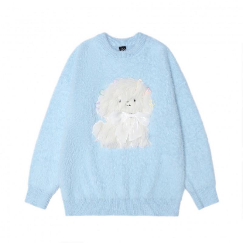 Cozy Oversized Fleece-Lined Knit Sweater With Animal Embroidery Streetwear Teens