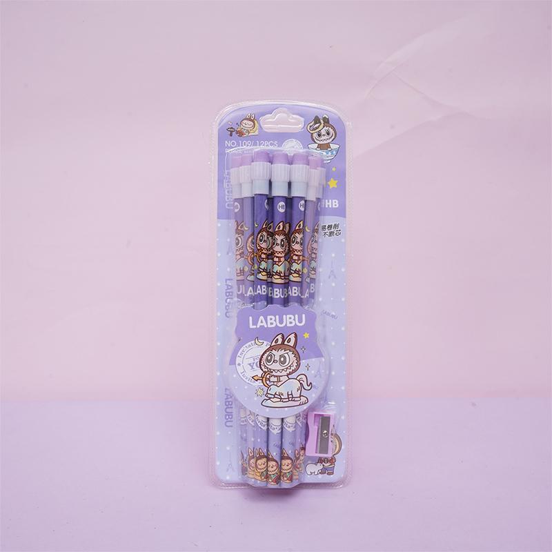 Set di 12 Matite Labubu Cartoon con Gomma Temperamatite Studente Scrittura Disegno Matite Cancelleria Studente Materiale Scolastico