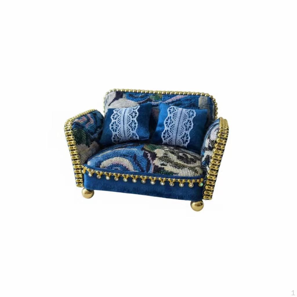 Dollhouse Sofa 1:12 Scale Couch with Cushions Upholstered Miniature for Collectors,