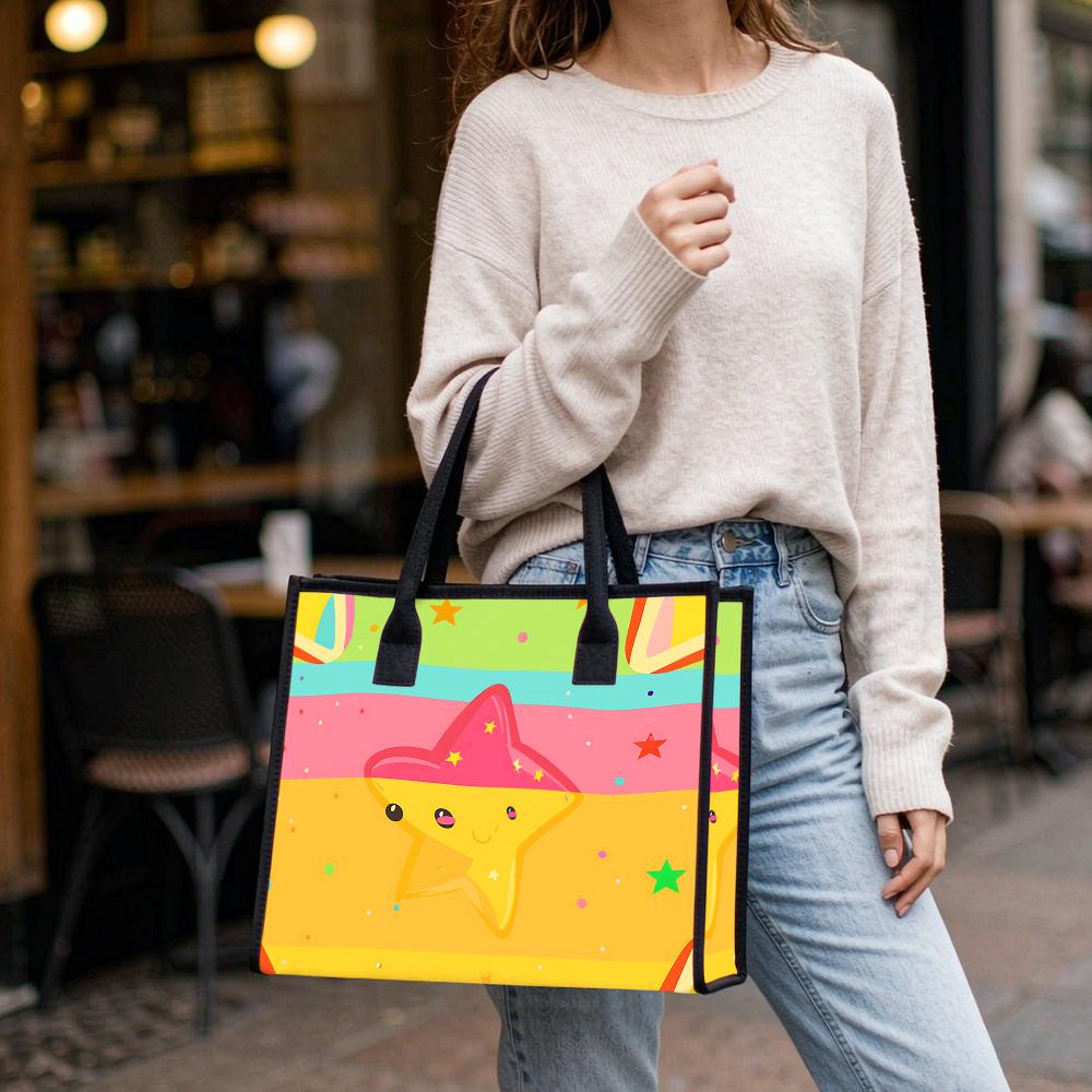 Cute Cartoon Star Pattern Tote Bag Portable Casual Daily Shoulder Handbag for Shopping Travel