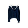 Women's Long Sleeve Color Block Cashmere Knit Cardigan - Thickened Navy Collar, Versatile, Soft, Warm for Autumn/Winter.