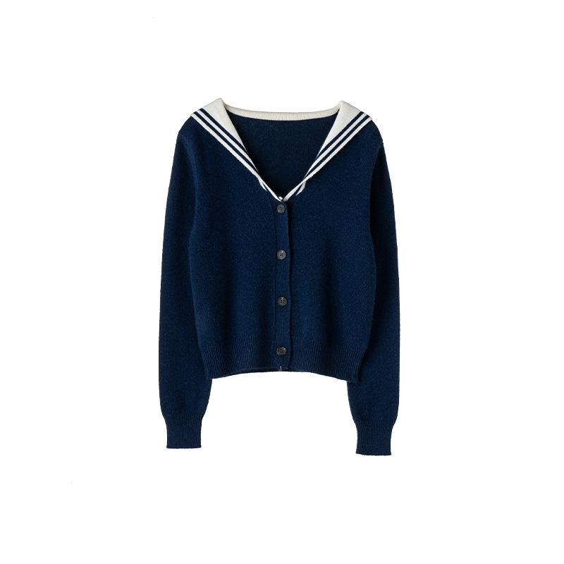 Women's Long Sleeve Color Block Cashmere Knit Cardigan - Thickened Navy Collar, Versatile, Soft, Warm for Autumn/Winter.