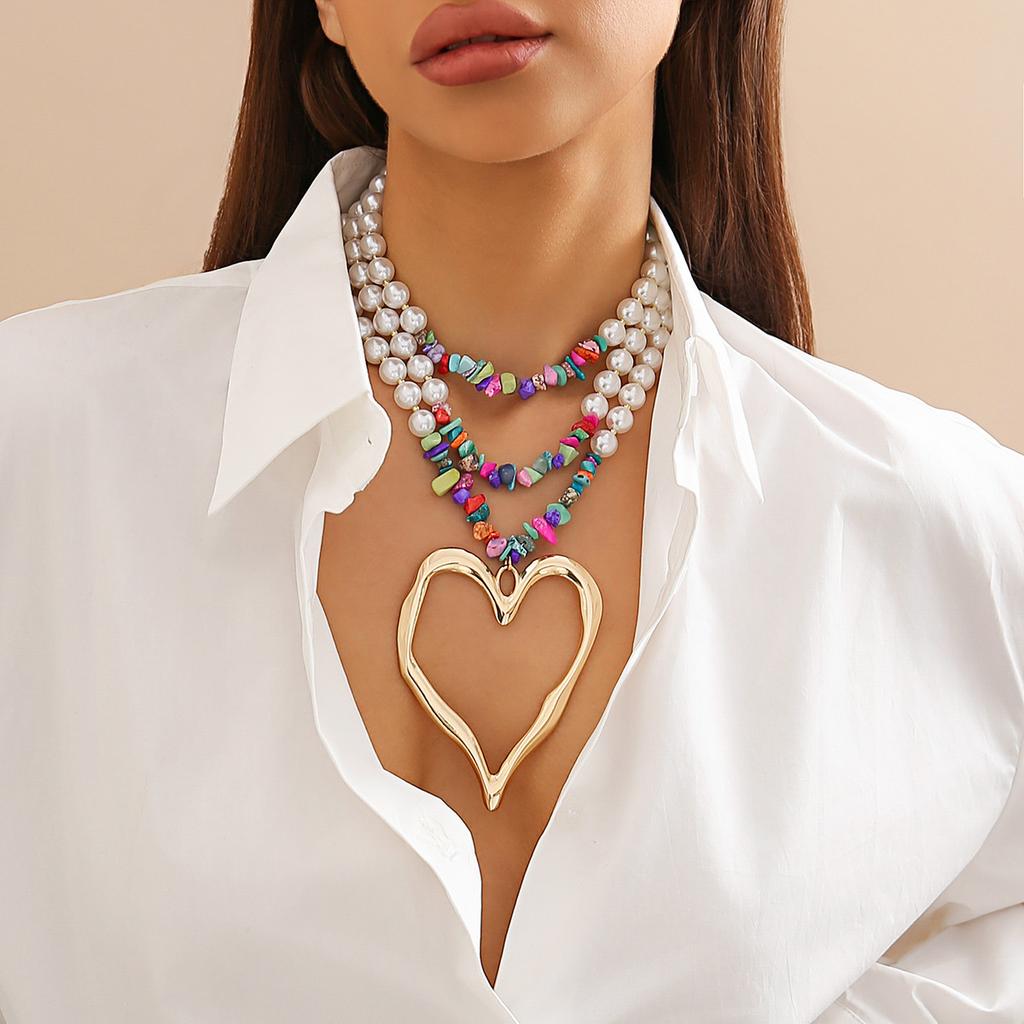 DIEZI Bohemian Multi Color Stone Necklace For Women Party Big Heart Pendant Turquoise Pearl Choker Necklace Statement Jewelry