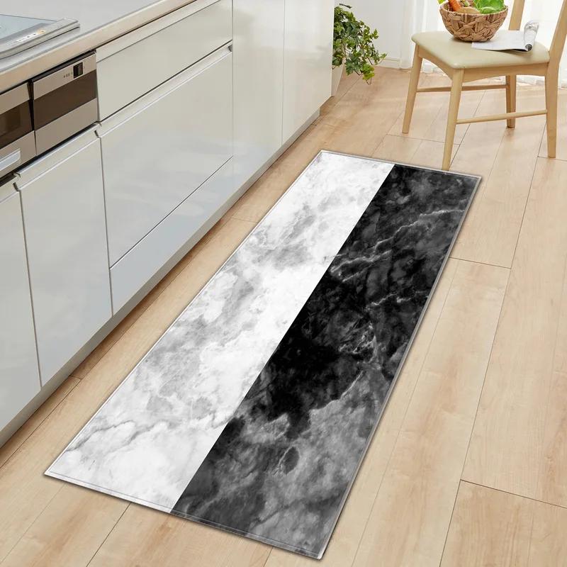 Black White Marble Print Long Runner Rug Non-slip Washable Kitchen Floor Mat Modern Abstract Home Decor Carpet