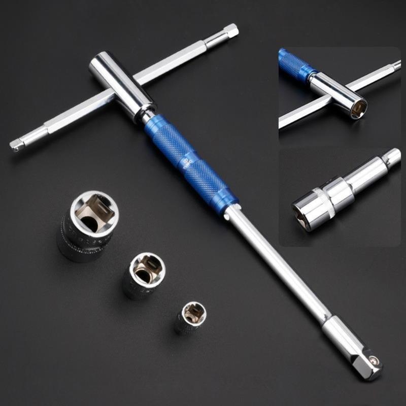 Rotating T Handle Wrenches with Sliding Levers and Interchangeable Heads for 1/2 3/8 1/4 Socket Solid High Carbon Steel