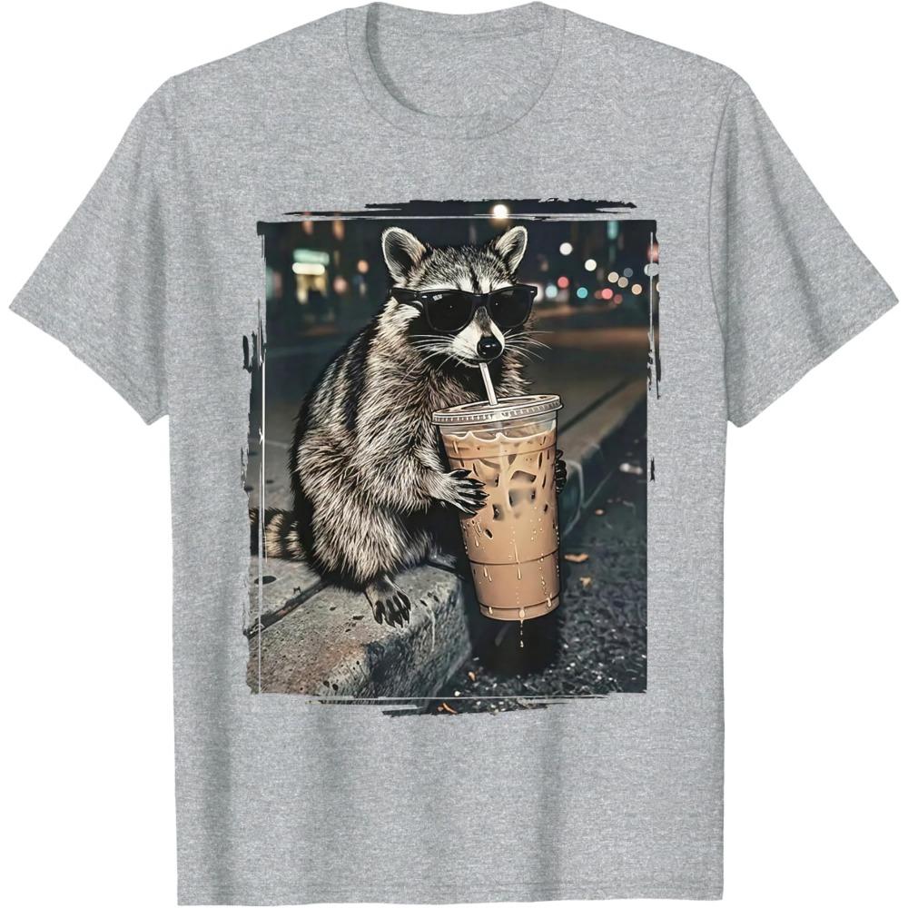 Raccoon Drinking Iced Coffee Funny Animal Meme T-shirt Men and Women Summer Cotton Clothing Short Sleeved Tee