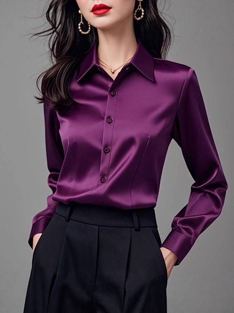 Damen Satin Lila Businesshemd Mit Langen Ärmeln Für Büro Und Arbeitskleidung