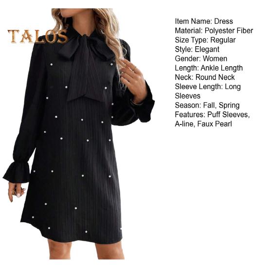 Women Dress Lace-up Bow Faux Pearl A-line Puff Sleeves Pure Color Above Knee Length Mini Dress Prom Party Dating Short Dress