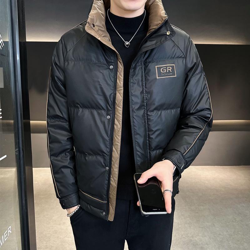 

Men s 2025 Trendy Color Block Stand Collar Thick Winter Jacket L (for 95-115 jin)