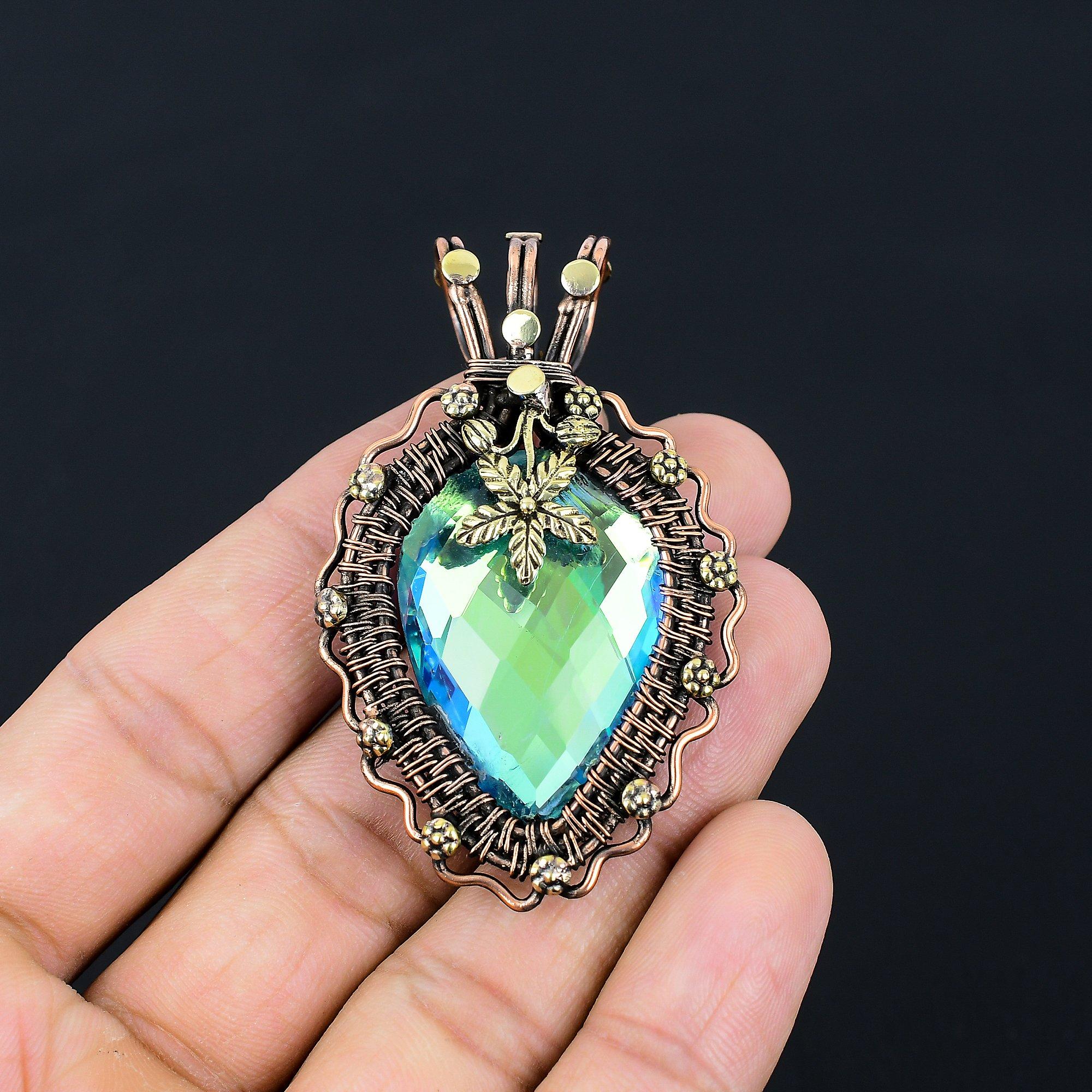 Pendentif Topaze Blanche - Fait Main En Fil De Cuivre - Bijou Artisanal Inde - Ccp 093