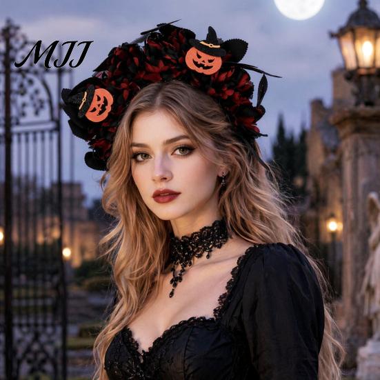 Handmade Flower Headband Halloween Floral Headband, 3D Shape Widened Fit Non-slip Wide Band Hair Hoop, Non-Slip with Pumpkin Witch Decoration