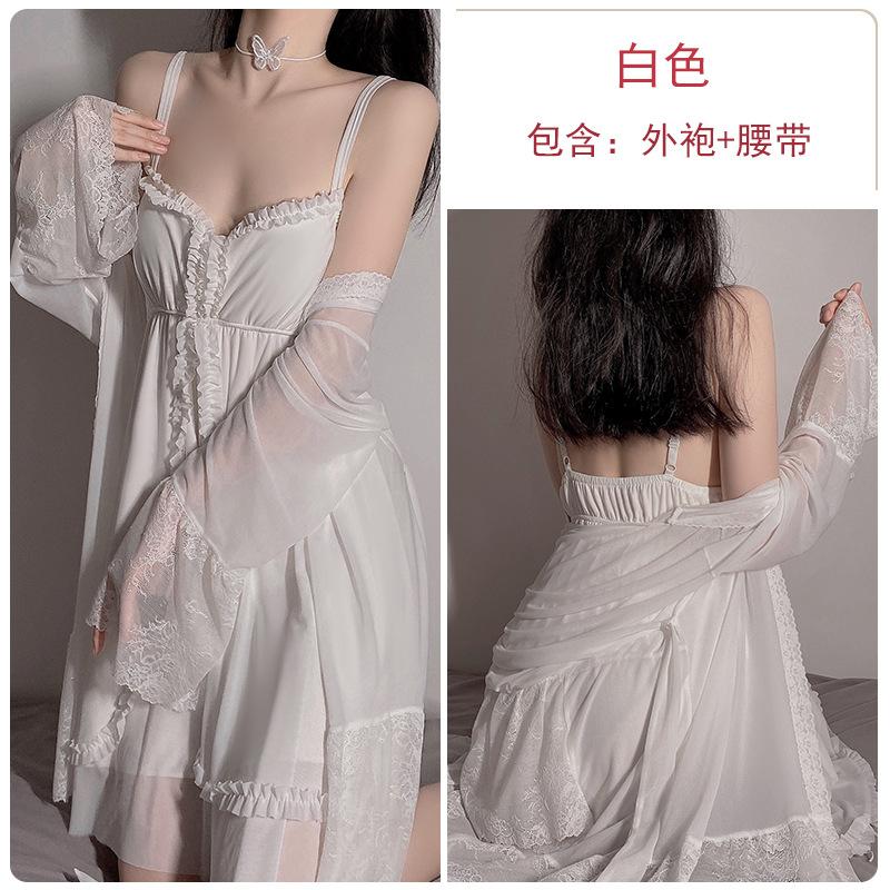 

Sexy solid color deep v sweet gathering chest pad suspender skirt nightgown lace-up bathrobe loungewear set One size fits all