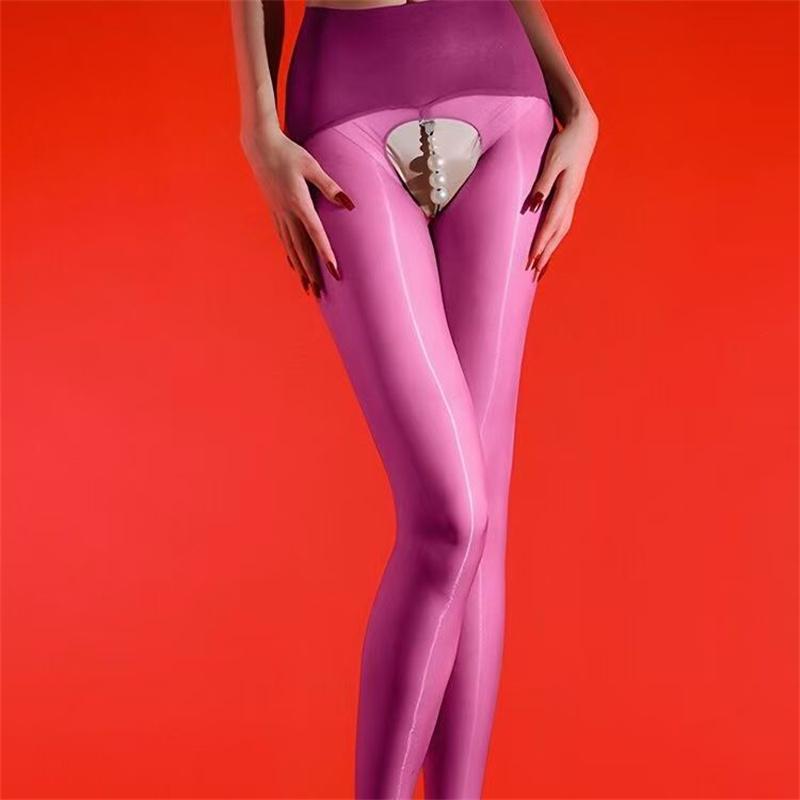 Olejowe Błyszczące Krocze Otwarte Z Perłą Seksowne Rajstopy dla KobietPrzezroczyste Jedwabiste Rajstopy Olejowe Wysoki Stan