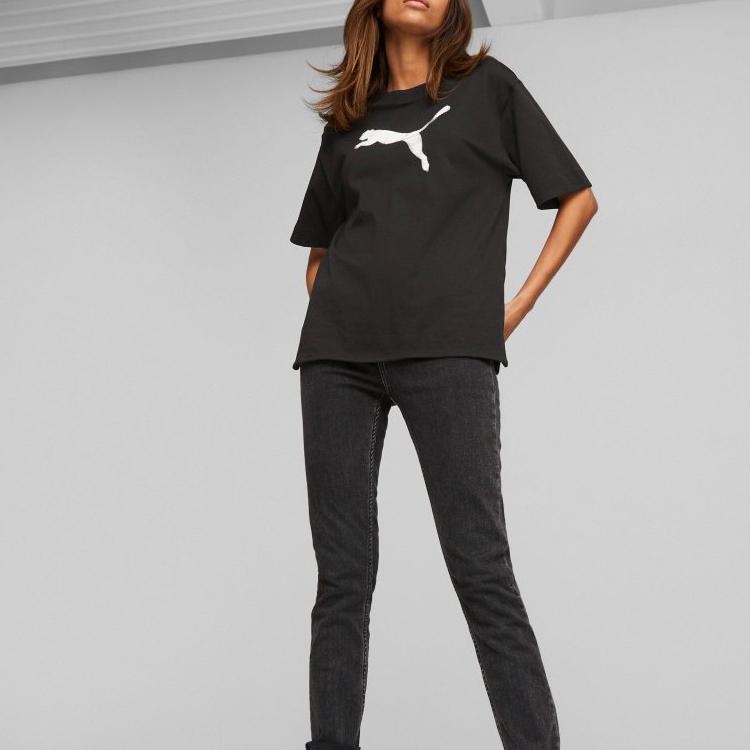 PUMA Logo Print Round Neck Loose Short Sleeve T-Shirt Women Tops Black 676650-01