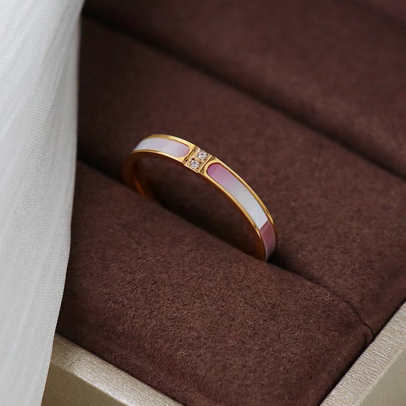 Micro-Inlaid Two-Diamond Pink Shell Gold-Plated Titanium Steel Ring for Women