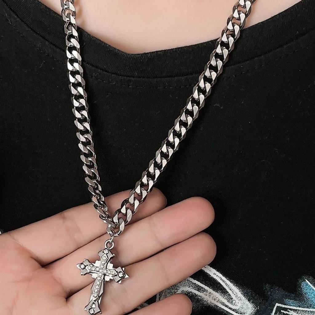 Necklace Cuban Chain Cross Pendant Male Tide Hip Hop Titanium Steel Non-Fading High Street Thick Versatile Necklace
