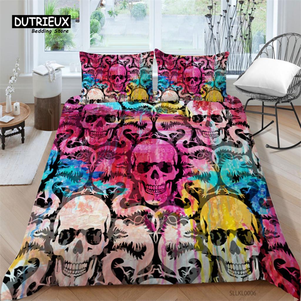 Sugar Skull Duvet Cover Gothic Skull Skeleton Bedding Set Horror Theme Comforter Cover Full King For Teens Adults Bedroom Decor
