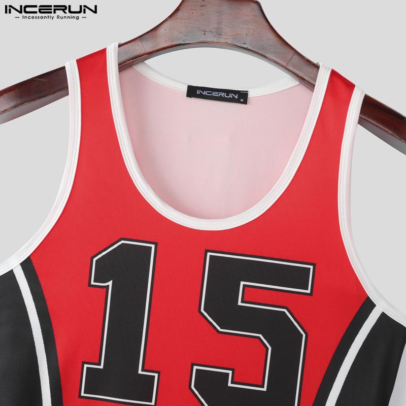 INCERUN Men Sleeveless Stitching Letter Print Briefs Bodysuits Fitted Jumpsuits Underwear