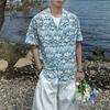 Men Blue Beige Zigzag Print Cuban Collar Short Sleeve Shirt