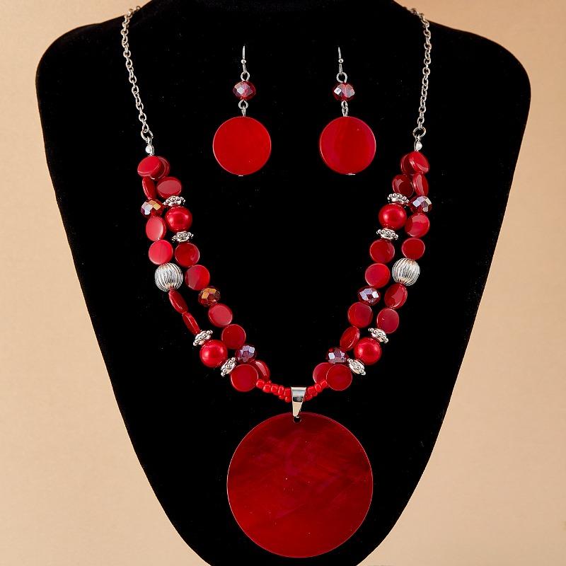 3PCS Bohemian Ethnic Style Exaggerated Personality Red Round Pendant Earring Necklace Women's Holiday Party Accessories