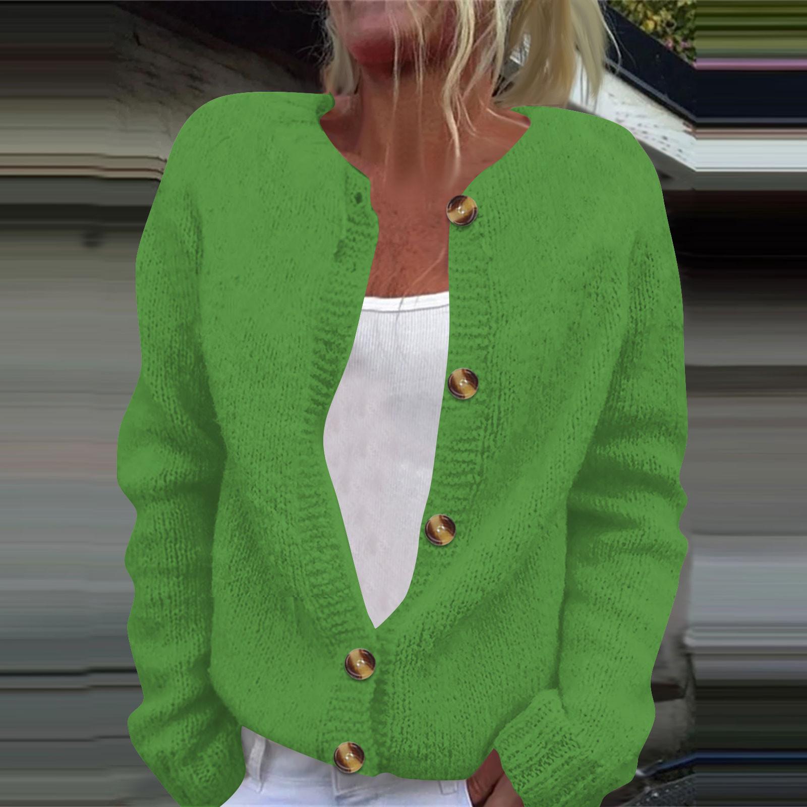 

Женская мода однотонный длинный рукав вязаный кардиган куртка на пуговицах L зелёный
