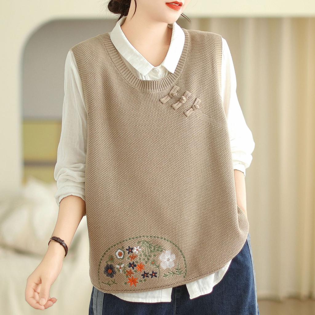 Johnature Damskie kamizelki dzianinowe Vintage bez rękawów z okrągłym dekoltem, haftowane kwiaty, ciepłe tkaniny, jesienne guziki, swetry, kamizelki