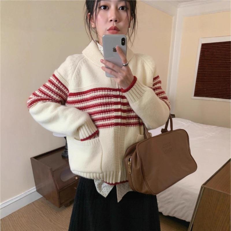 Women's knitted cardigan striped contrasting colors loose lazy wind sweater women's new long-sleeved autumn top coat