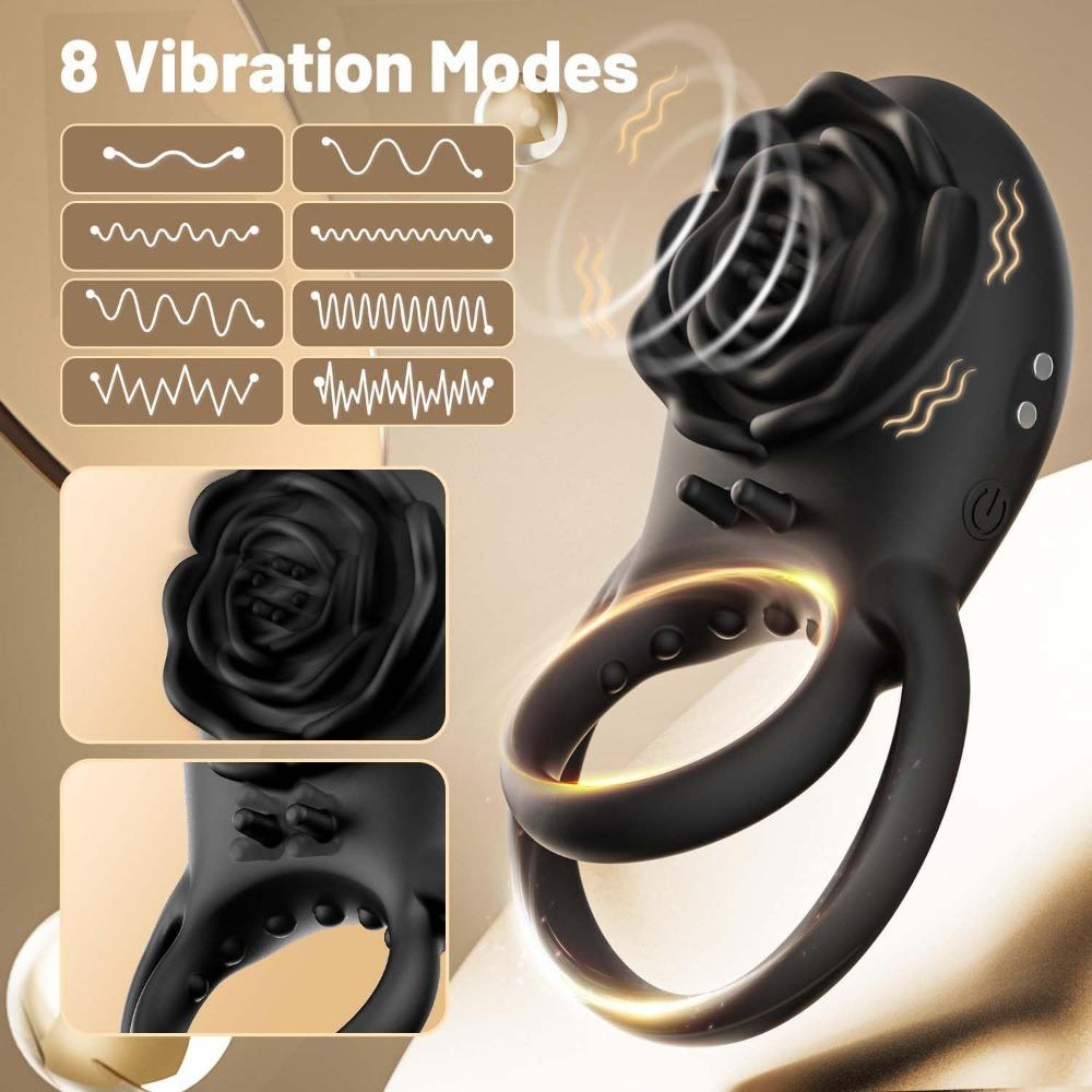 Silicone Cock Ring for Men - 8-Speed Remote Control Couples Vibrator with Rose Clitoral Massager, Adult Pleasure Toy for Him & Her