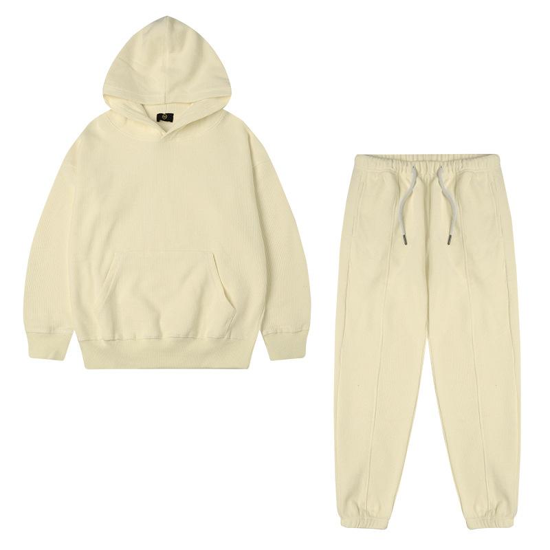 Kinder Hoodie Set 320G Waffelstrick Dick Einfarbig Jungen Mädchen Freizeit Sportbekleidung Zweiteiliges Outfit