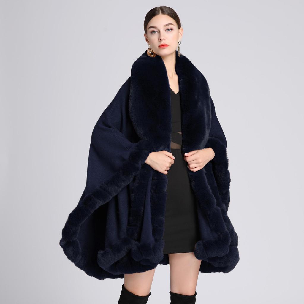 Women's Imitation Rex Rabbit Fur Collar Shawl Cape - Large Size, Knitted Loose Fit Cardigan for Autumn and Winter