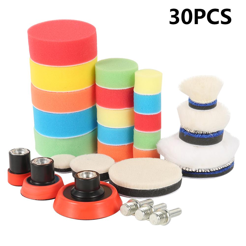 30pcs Car Waxing Buffing Pads Foam Drill Polishing Pad 1/2/3 Inch Circle Buffing Pad Tool Kit Auto Drill Polisher Sponge Set