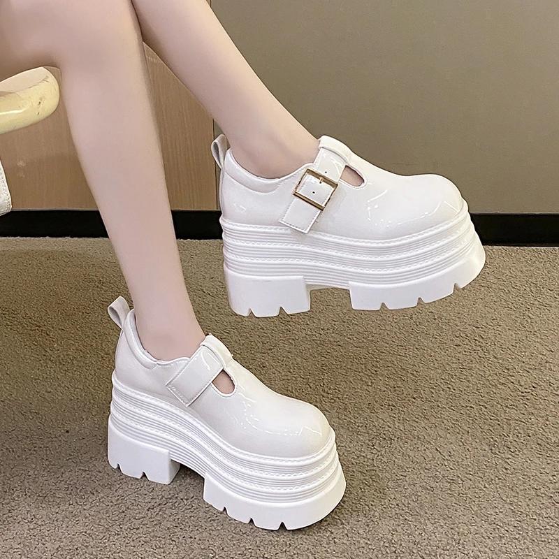 Fashion 2025 Women's High Platform Leather Shoes New Spring 8CM Heels Chunky Sneakers Female Lace-up Buckle Loafers Walking Shoes Woman