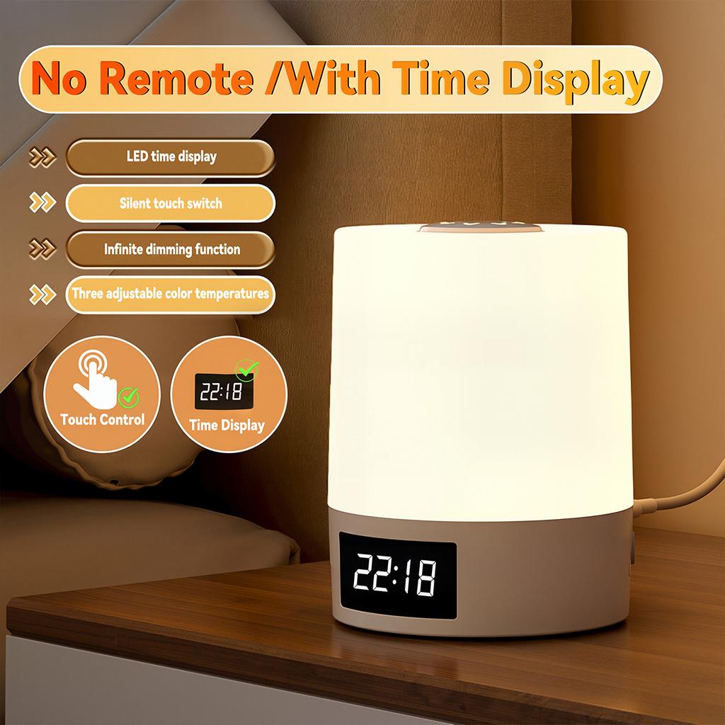 Touch Night Light Rechargeable 3 Color Dimmable Bedside Lamp Time Display USB LED Night Lights Ambient Soft Light for Kids Gift