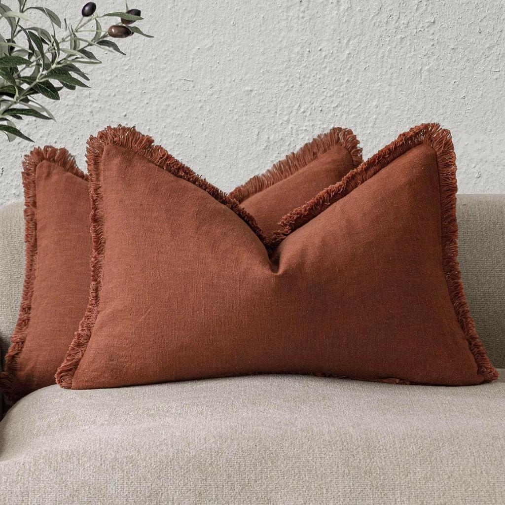 Set of 2 Decorative Linen Fringe Lumbar Throw Pillow Covers Boho Farmhouse Cushion Cover with Tassels Soft Pillowcase for Couch