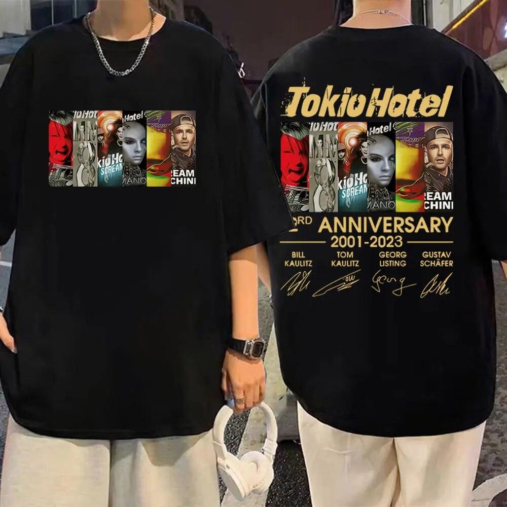 

Рок-группа Tokio Hotel Графические футболки Ограниченный выпуск Юбилейная футболка с принтом Унисекс Женская мода Повседневные футболки с коротким рукавом