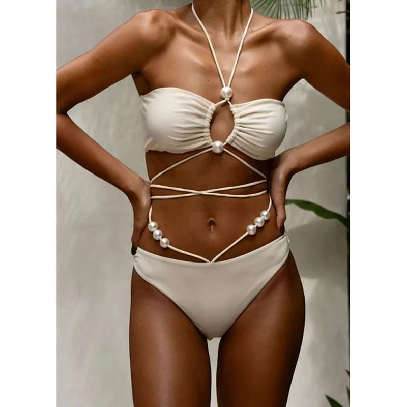 Solid Color Halter Swimwear Thongs Micro Two Piece Bikini Set Swimsuit Bathing Suit Women Sexy Cut Out Beachwear