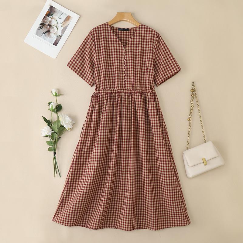 

ZANZEA Women Plaid Print Casual V-Neck Short Sleeve Dress M вино красного