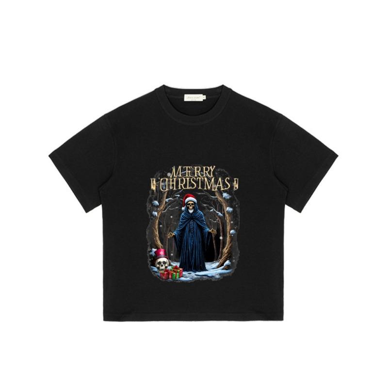 Black T Shirt with Grim Reaper Christmas Design and Merry Christmas Text for Holiday Season