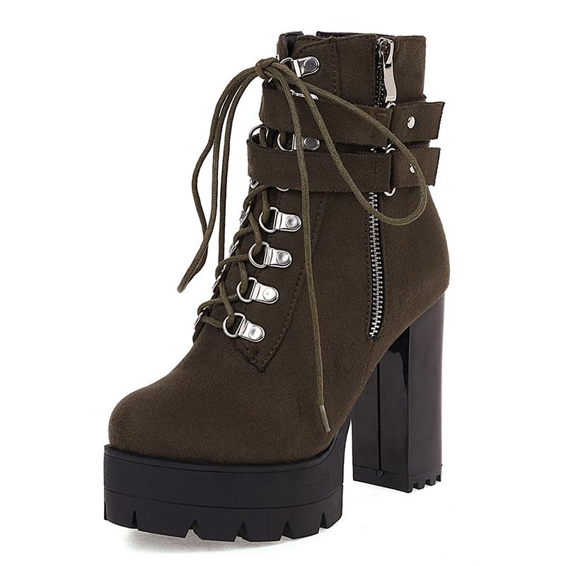 Belt Buckle Ankle Boots - High Platform Cross - Tied Zip, Office Lady Autumn Street Style Plus Size