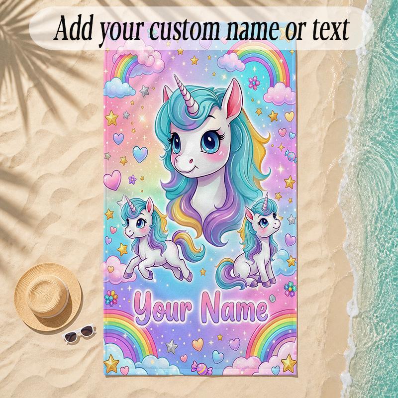 Unicorn Theme Soft Beach Towel Personalized Custom Name Text Towel Portable for Beach Pool Travel