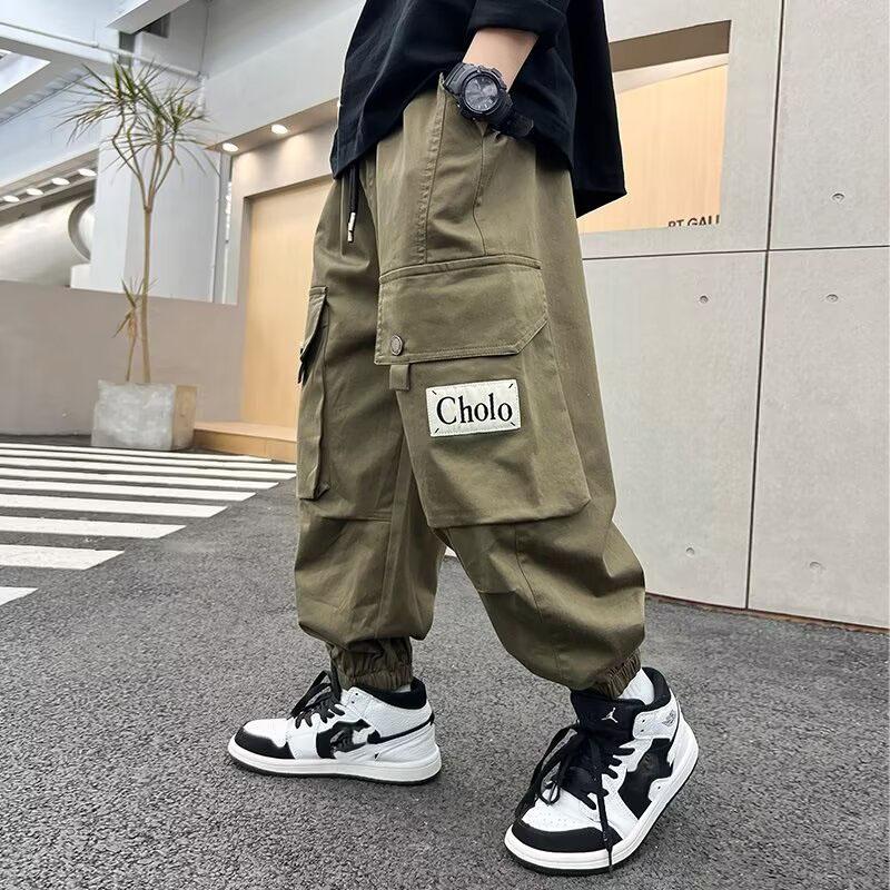 

Осенне-зимние хлопковые брюки карго для мальчиков, детские повседневные зеленые спортивные штаны с большими карманами, однотонные спортивные флисовые брюки, детская одежда 170